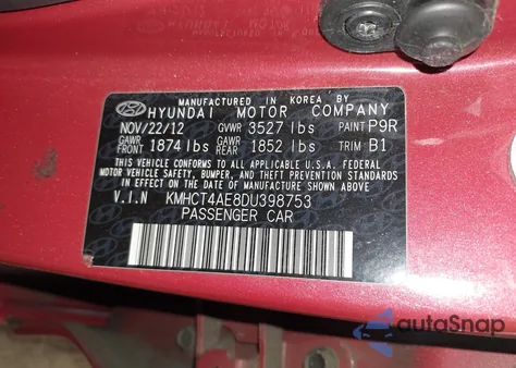 2013 Hyundai Accent Gls from USA, damaged, VIN KMHCT4AE8DU398753